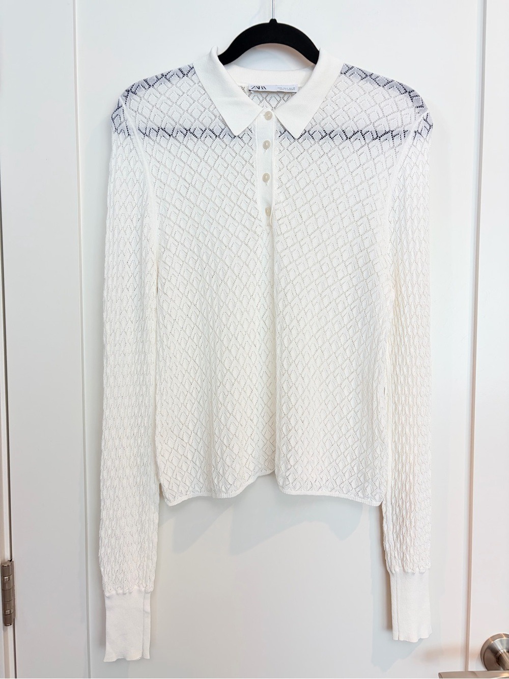 Zara Pointelle Knit Collared Polo Sweater Blouse Ivory Cream Size L
